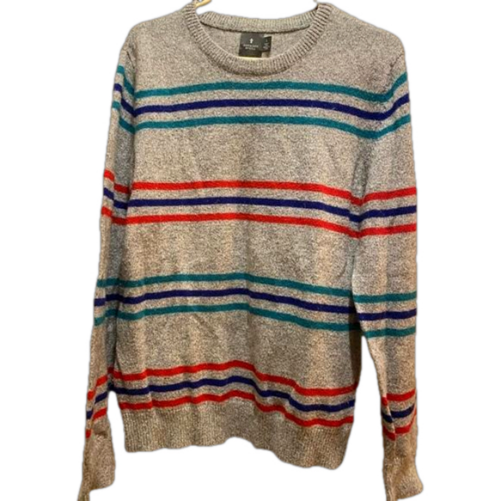Hawkings McGill Sweater Men Large Gray Striped Wool crewneck eclectic grandpa